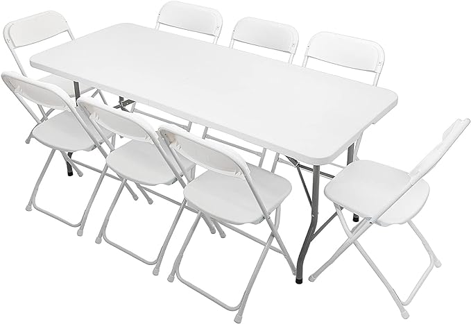 VINGLI 6 FT Plastic Folding Table Set with 8 White Folding Chairs for Picnic, Event, Training, Outdoor Activities, at Home and Commercial Use