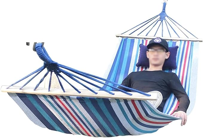 Canvas Fabric Hammock with Hardwood Spreader Bar and Tree Straps Portable Swing Bed for Outdoor Indoor Yard Patio Garden