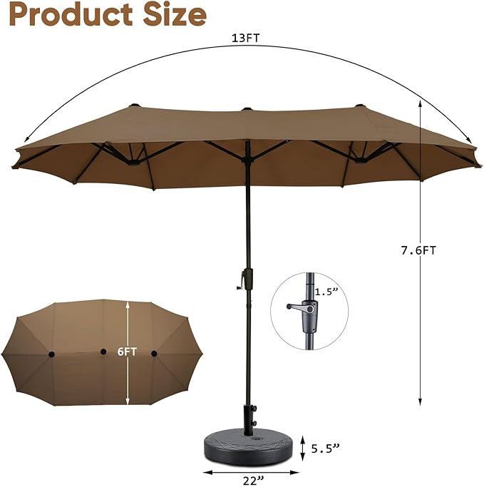 13Ft Large Patio Umbrella with Base Outdoor Double-Sided Market Extra Large Table Umbrella Easy Crank for Yard, Poolside, Deck-Coffee