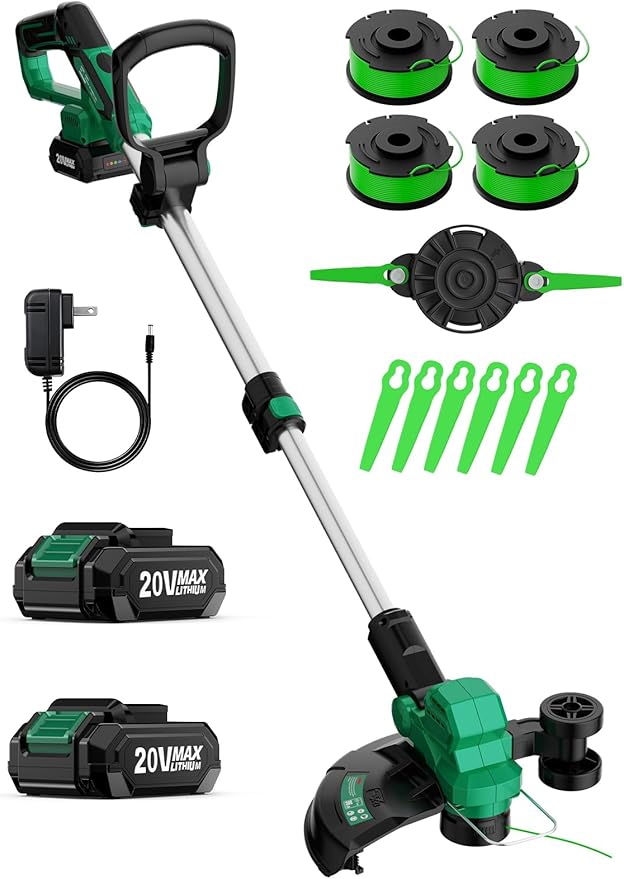 KIMO Cordless Weed Wacker Battery Operated w/ 2 x 2.0Ah Batteries, 12" Weed Eater w/Auto Line Feed, 4 Line Spools & 6 Blades, 2-in-1 String Trimmer & Edger with Wheel, 20V Grass Trimmer for Lawn Yard