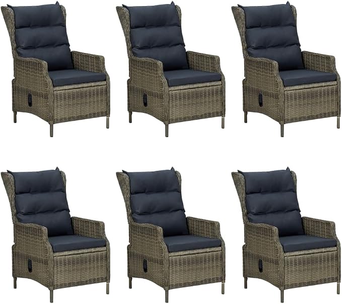 7 Piece Patio Dining Set with Cushions, PE Rattan Brown Outdoor Furniture Set with Adjustable Reclining Armchairs and Solid Wood Tabletop