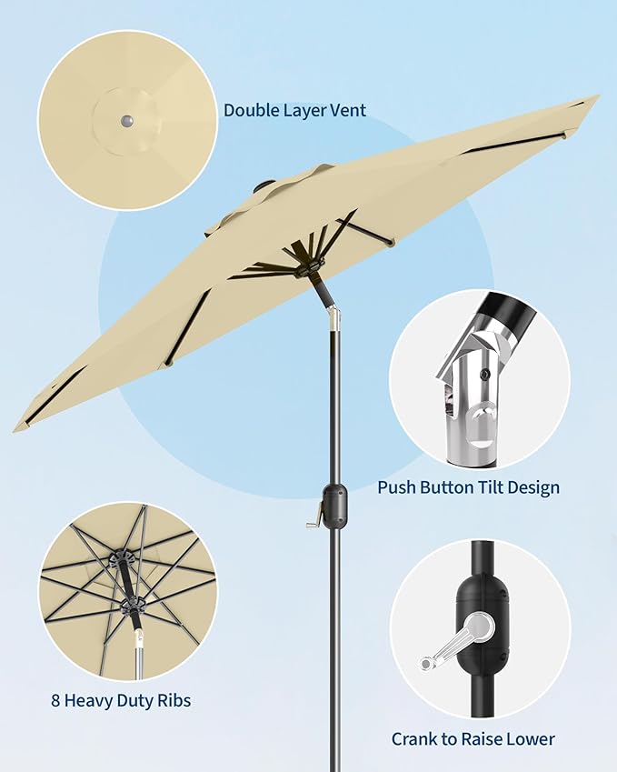 GarveeLife Outdoor Patio Umbrella, Table Market Umbrella with Push Button Tilt and Crank, 8 Sturdy Ribs UV Protection Waterproof for Garden, Deck, Backyard, Pool