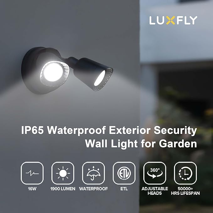 LED Flood Lights Outdoor, 16W 1900LM 5000K Daylight, IP65 Waterproof Security Lights with 2 Adjustable Heads, Exterior Wall Light for Patio, Garage, Yard-Black