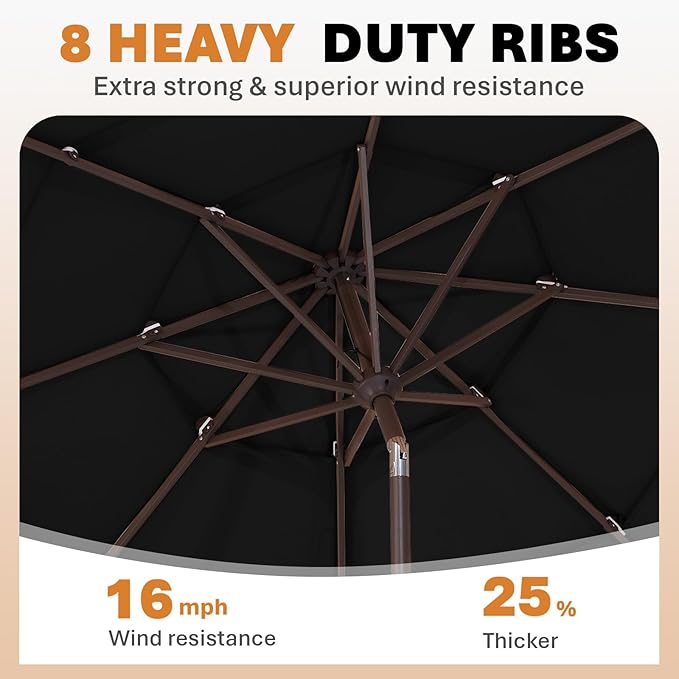 JEAREY 9FT 3 Tier Patio Umbrella Outdoor Market Umbrella Table Umbrellas with 8 Ribs 1.5 Pole Push Button Tilt and Crank UV Protection for Garden,Black