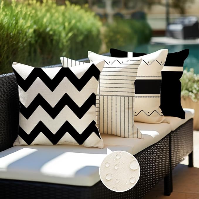 RABUSOFA Outdoor Pillow Covers Waterproof 18x18 Inch,Black Modern Geometry Decorative Cushion Cases Decoration for Patio Furniture Sunbrella Garden Set of 4 (Black, 18" x 18" (Pack of 4))
