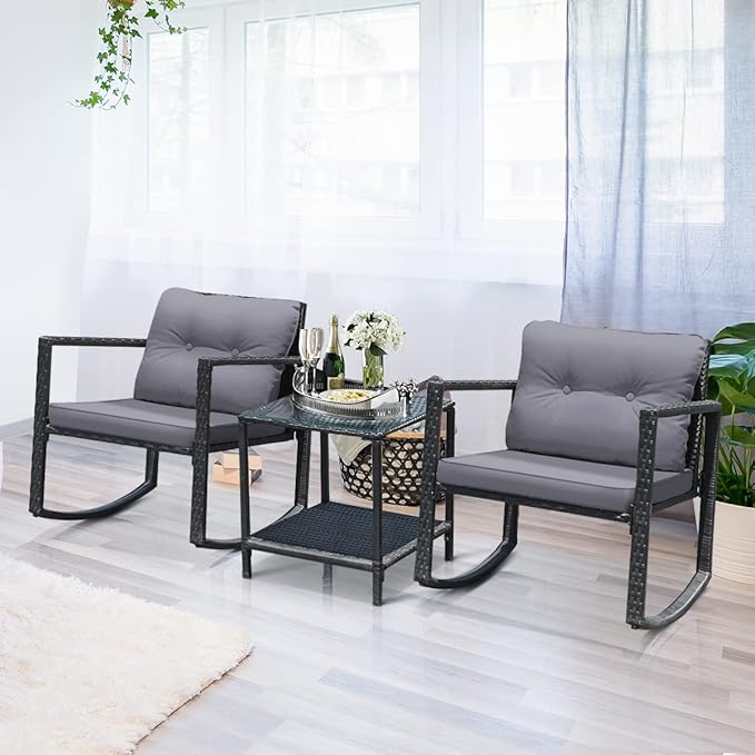 Tangkula 3 Pieces Patio Wicker Rocking Bistro Set, Outdoor Rocking Chair Furniture Set w/Cushioned Seat, Conversation Set w/Glass Coffee Table and Storage Shelf (Gray)