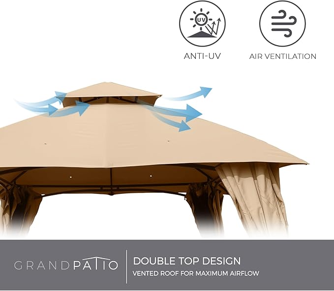 Grand Patio 10x13 Gazebo Replacement Canopy Curved Top Double Soft Canopy for Patio, Deck, Backyard, Garden, Lawns, Khaki (Curved top,ONLY Top Without Frame)