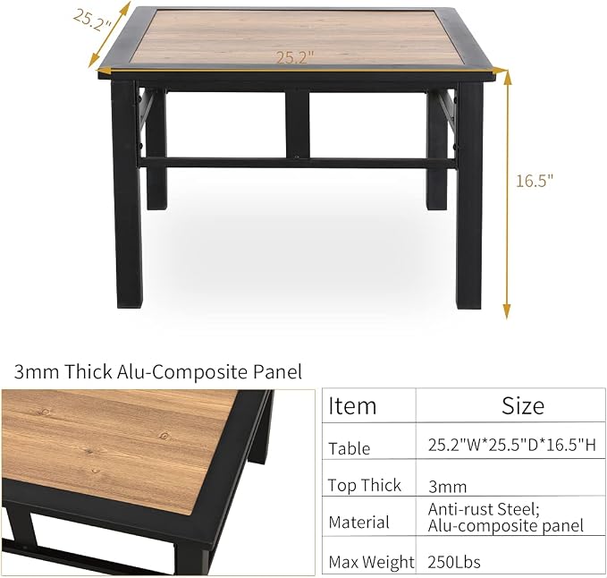 Aluminum Composite Panel Outdoor End Table, Weather Resistant, Black with Wood Grain, Square, Modern, Outdoor Side Table
