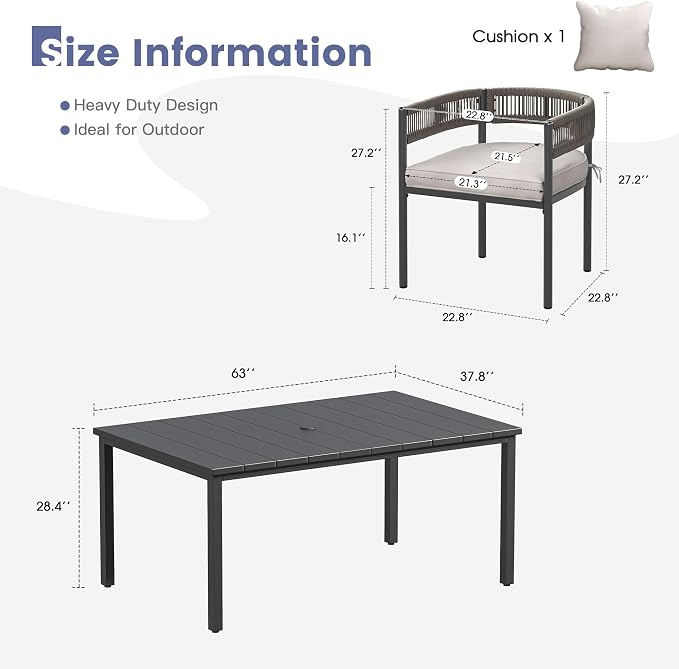 VICLLAX Patio Dining Set, 63" Black Table & 6 Chairs with Wheat Cushion | Outdoor Table and Chairs Set of Rectangular Metal Patio Table, Outdoor Dining Chairs with Metal Frame, Garden Deck Porch