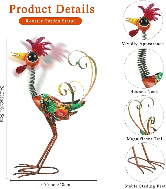 24'' Wacky Rooster Garden Statue for Outside, Patio, Backyard, Lawn | Metal Rooster Decor Yard Statue Decorations, Waterproof Chicken Yard Art, Red