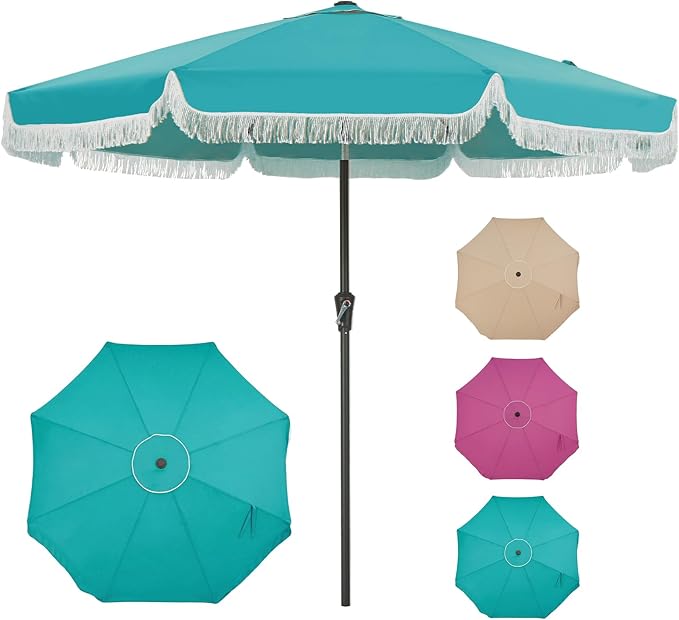 Garvee 10FT Fringe Patio Umbrella with Crank Handle,Push Button Tilt for Sun Shade,8 Fiberglass Ribs, 1.5"D Premium Steel Pole,Outdoor Large Tassel Umbrella for Patio Beach Pool Backyard,10' Lake Blue