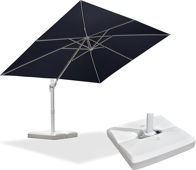 PURPLE LEAF 9' × 11.5' Patio Umbrella With Base White Cantilever Umbrella Square Outdoor Offset Umbrella Windproof with 360° Rotation for Garden Deck Pool, Navy Blue