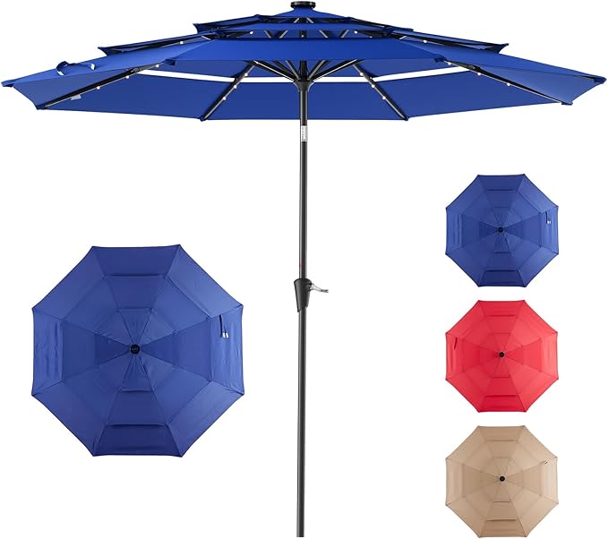 DUMOS LED Outdoor Patio Umbrella 10 FT UV-Resistant Market Umbrella with Tilt Adjustment & Crank Lift, All-Weather Shade for Backyard, Deck, Garden, Beach