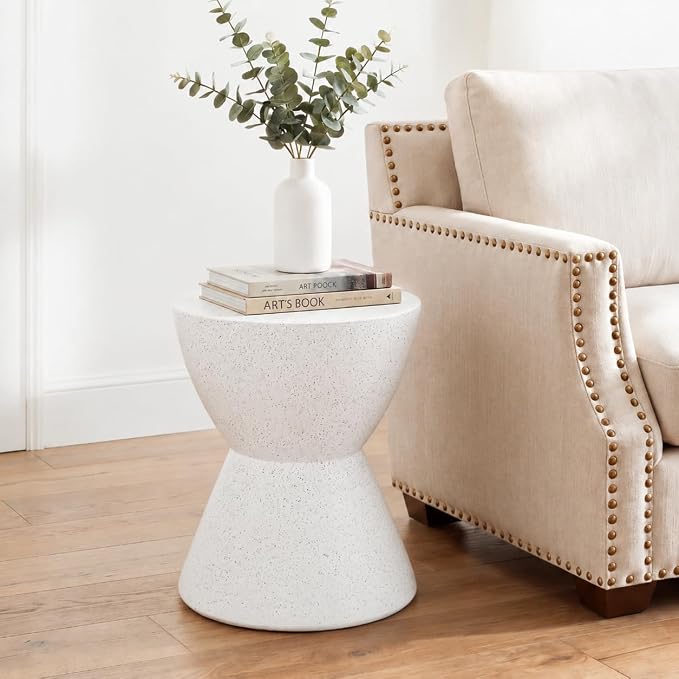 HOMPUS Outdoor Side Table Hourglass Shaped, Concrete End Table, Round Drum Patio MgO Coffee Lightweight Table, Modern Garden Planter Stand for Indoor Outdoor Use, Spotted White