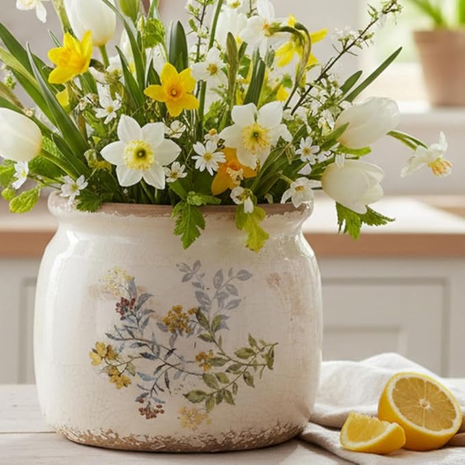 Xiaan Jiaju Pots for Plant, Cottage Rustic Clay Ceramic Tabletop Flower Pots, 6.29'' Plant Pots Indoor with Drainage, Sage Yellow Vase & Planters, Farmhouse Home & House Decor, Gifts for Mom