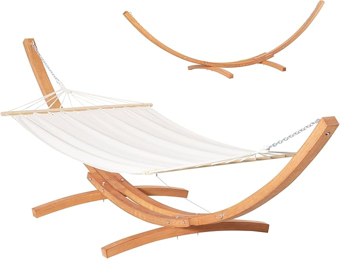 Outdoor Hammock with Stand, Heavy Duty Wood Hammock Stand, 13FT Free Standing Hammock with Breathable Cotton Bed & Spreader Bars, 330lbs Sturdy Backyard Hammock with Stand for Outside, White