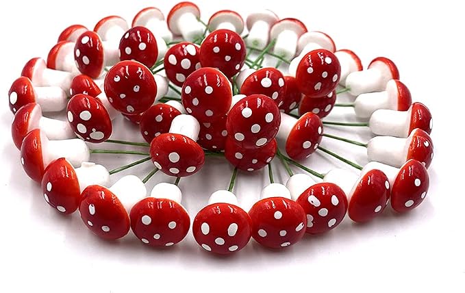 Aliotech 50 Pieces Mini Mushroom Miniatures Artificial Garden Fairy Bonsai Plant Pot Resin Craft Decoration for Home DIY Micro Landscape Decor (Red)