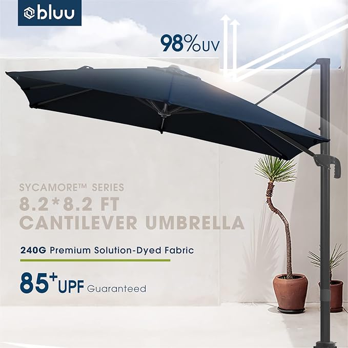BLUU SYCAMORE 8.2 * 8.2 FT Square Cantilever Patio Umbrella, Aluminum Outdoor Offset Umbrella with UV Protection Solution-dyed Fabric Canopy, 360° Rotation Infinite Tilt & Cross Base (Navy Blue)