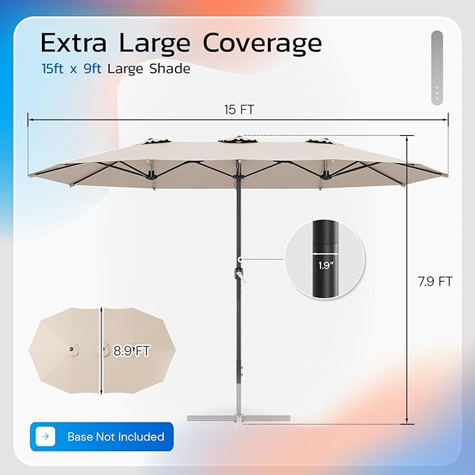 AECOJOY 15x9ft Large Patio Umbrella, Double-Sided Umbrella Outdoor Patio, Rectangle Market Table 177''x104'' Umbrellas with Crank Air Vents for Deck Pool Patio (1.9" Pole, Tan)