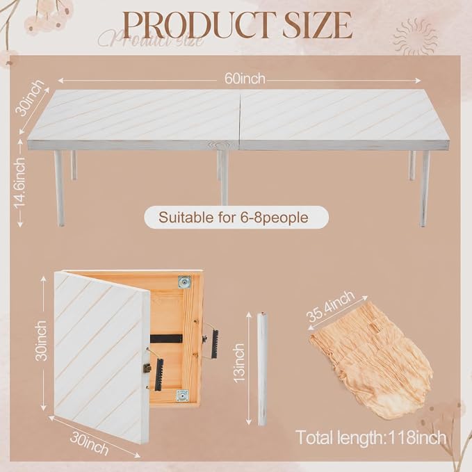 Novabright 8 Person 30 x 60 Inches Boho Table Low Folding Picnic Table Beach Portable Low Wood Floor Event Foldable Garden Wedding Party Camping Picnic with Runner Set(Retro White)