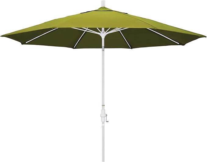 California Umbrella 11Ft Fiberglass Rib Patio Umbrella, Hand-Crank, Tilt-Collar, White Frame, Solution Dyed Kiwi Fabric