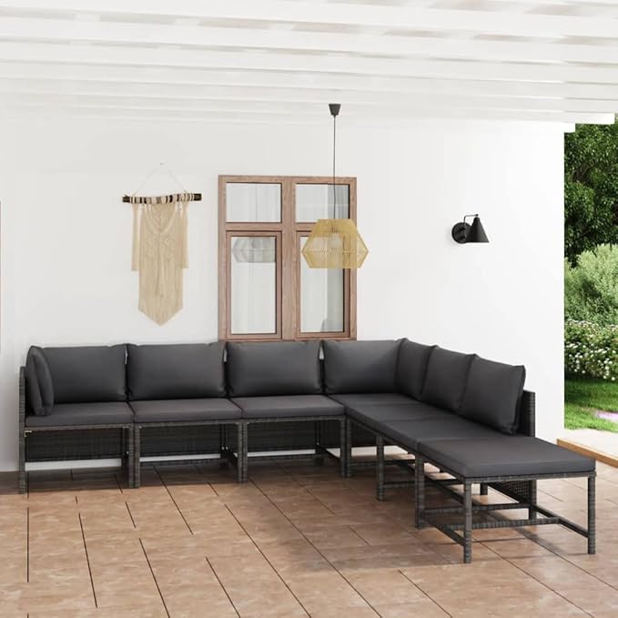 7 Piece Outdoor Patio Sectional Set Gray PE Rattan Modular Garden Lounge 23.6 in Cube Seats with All Weather Cushions for Deck Porch Balcony Backyard