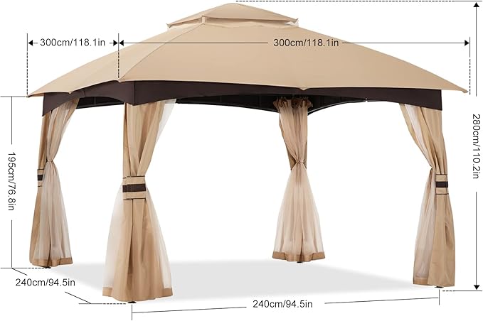 ABCCANOPY 10x10 Outdoor Gazebo - Patio Gazebo with Mosquito Netting, Outdoor Canopies for Shade and Rain for Lawn, Garden, Backyard & Deck (Beige)