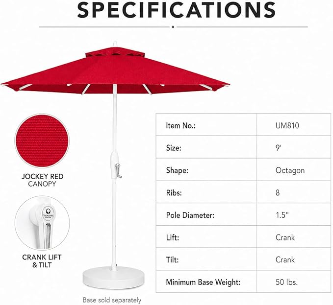Treasure Garden 9ft Patio Umbrella - Outdoor Furniture Market Umbrella – Deluxe Auto-Tilt – White Aluminum Frame (Sunbrella, Jockey Red)