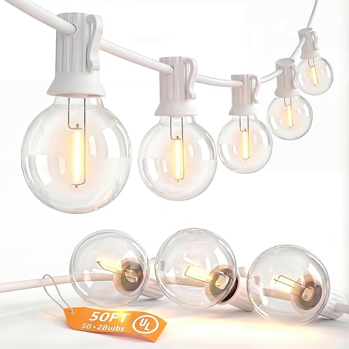SUNSGNE White String Lights Outdoor, 50FT White Outdoor Lights with 52 G40 Shatterproof LED Bulbs(2 Spare) for Patio Garden Porch Pergola Bistro Outside Decorations, E12 Socket
