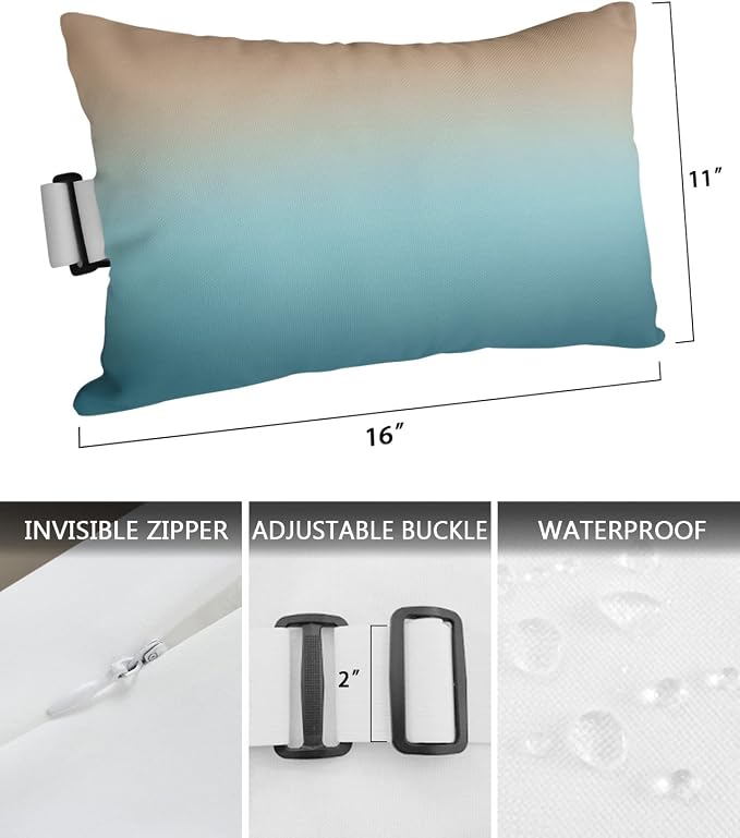 Outdoor Chaise Lounge Head Pillow, Ombre Brown Turquoise Throw Pillow Soft Lumbar Pillows with Elastic Straps and Insert, 2 Pack Headrest Cushion for Patio Pool Beach Abstract Painting 11"x16"