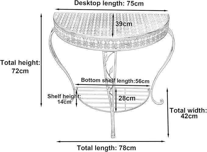 Outdoor Half-Moon Patio Console Table, 2 Tier Iron Half Round Garden Porch Table, Antique All-Weather Mid Century Tables(White)