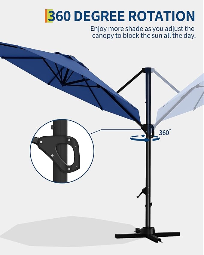 GarveeLife 10 ft Cantilever Umbrella Outdoor Patio Umbrella w/Base Included Market Offset Umbrella Sun Shade Windproof with 360-Degree Rotation for Patio Garden Deck Pool, Navy Blue