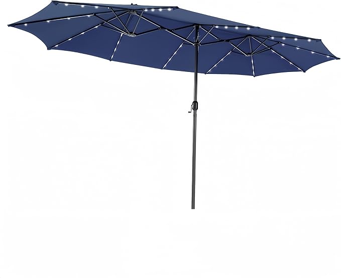 15ft Large Patio Umbrella with 3 Solar panels, 48 Solar LED Lights Base NOT Included, Outdoor Double-Sided Rectangle Market Umbrella with Crank Handle, Perfect for Pool, Lawn, and Garden (Pole Diameter 1.9 inch)