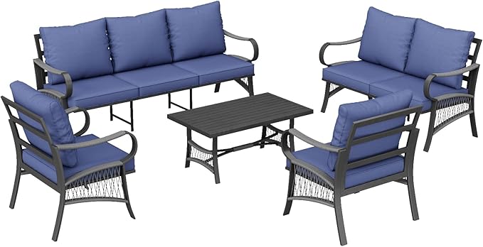 5 Piece Patio Furniture Set, 7 Seat Metal Outdoor Sectional Sofa Set with Thick Cushions, All Weather Patio Conversation Set with Coffee Table for Garden, Porch, Lawn, Blue