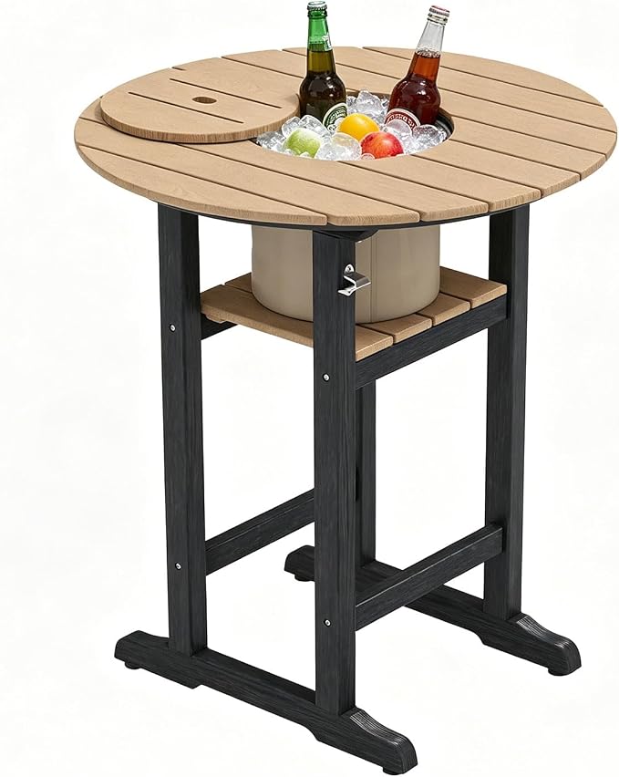 OTSUN Outdoor Adirondack Bar Table with Built-in Ice Bucket, 32“ Height Patio Large Pub Table for 4, All Weather Counter Height Table with Built-in Footrest for Outside Deck Porch Balcony Poolside