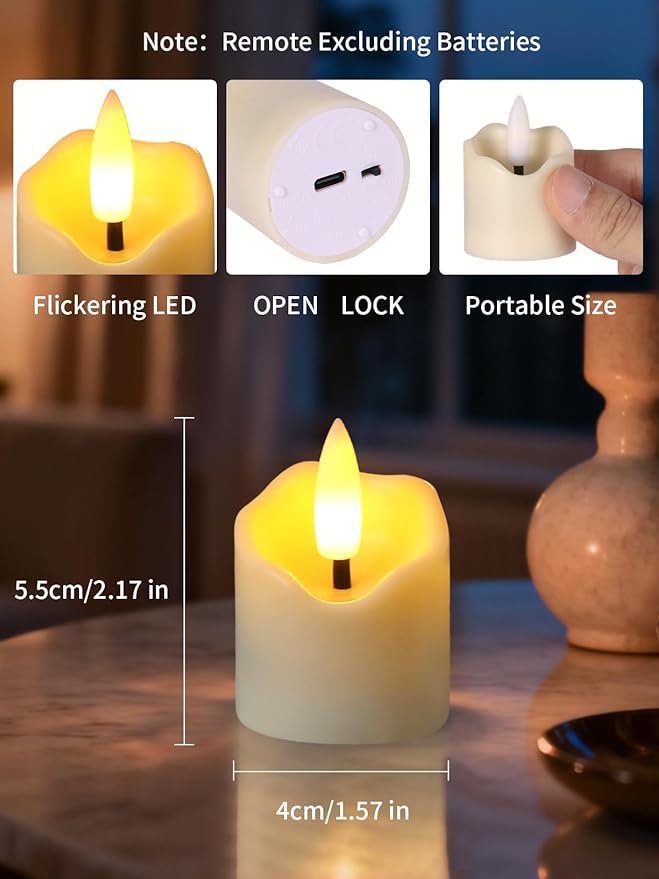 Rechargeable Flameless Tea Light Candles with Timer Remote, 1.5"x2.2" Electric Fake Flickering Votive Candles for Anniversary Wedding Centerpiece Table Decor Funeral Halloween Christmas, ivory, 6 Pack