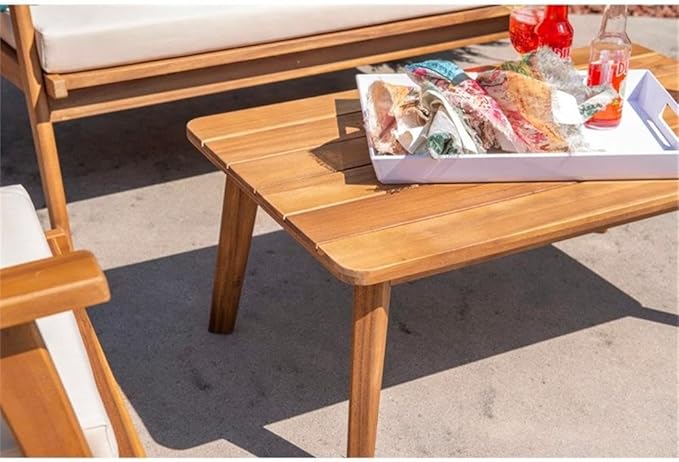 Linon Cooper Acacia Wood 4 Seater Removable Cushion Outdoor Patio Conversation Chat Sofa Set in Natural with Coffee Table