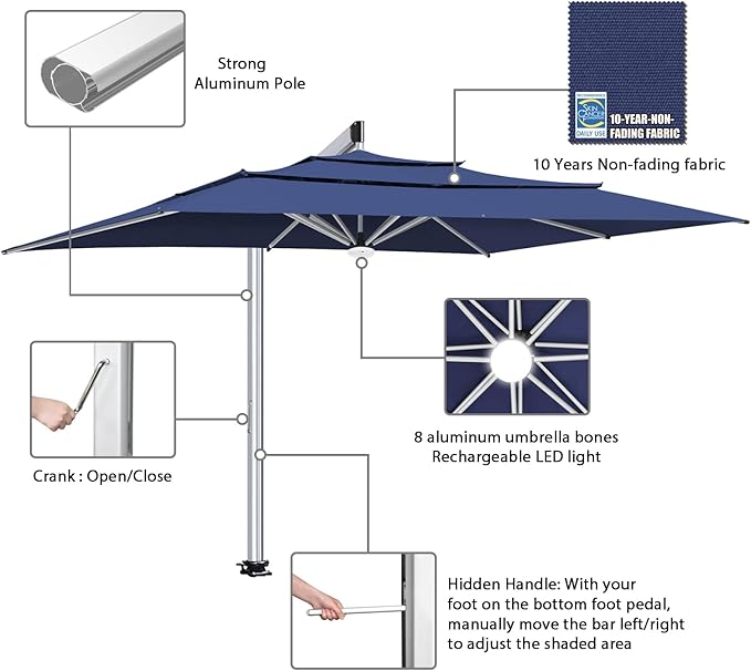 EliteShade USA Atlas 3-Tier 10x13FT Full Aluminum Cantilever Patio Umbrella for Outdoor Restaurant Garden Courtyard Deck Pool and Marketing with Light (No battery), Navy Blue