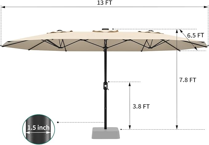13ft Patio Umbrella with Double Canopy, Commercial Grade Extra Large Outdoor Market Umbrella for Patio Table, Pool & Backyard, Heavy Duty Aluminum Pole & Fiberglass Ribs, Parasol-Style Fabric, No Base