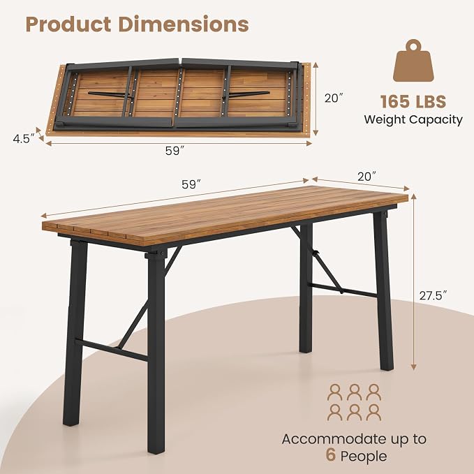 HAPPYGRILL Folding Picnic Table Bench Set, Acacia Wood Dining Table Bench w/Metal Frame, Portable Camping BBQ Table Bench, Rectangular Dining Table for Indoor Outdoor Activities Garden Yard Patio