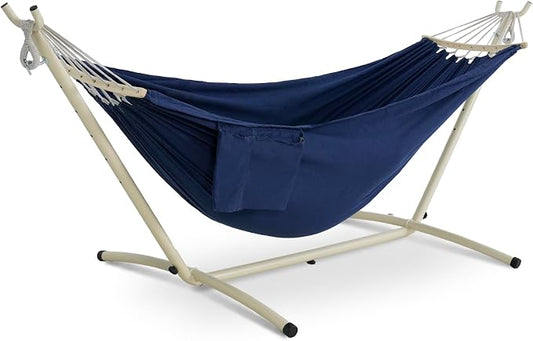 LazyDaze Hammocks Double Hammock with Stand - 2 Person Heavy Duty Outdoor Hammock for Adults, Includes Durable Steel Stand, Portable Carrying Bag and Pillow, Navy Blue