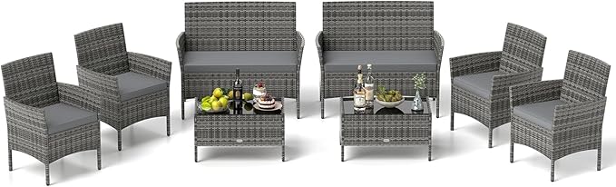 Tangkula 8 Piece Patio Rattan Conversation Set, Outdoor Wicker Furniture Set with Chair, Loveseat & Tempered Glass Table, Cozy Seat Cushions, Outside Sectional Sofa Set for Backyard