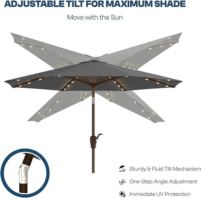 10FT Solar Patio Umbrella with Lights, Outdoor Table Market Umbrella with 32 LED Lights, 8 Sturdy Ribs, Push Button Tilt and Crank for Pool, Deck and Garden, UV-Resistant