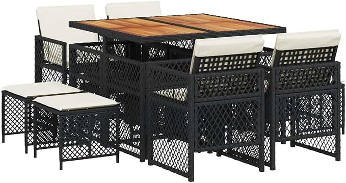 9-Piece Black PE Rattan & Acacia Wood Outdoor Dining Set | Features an 8-seater rectangular table with 4 chairs and 4 stools, suitable for patio, terrace, and backyard dining.