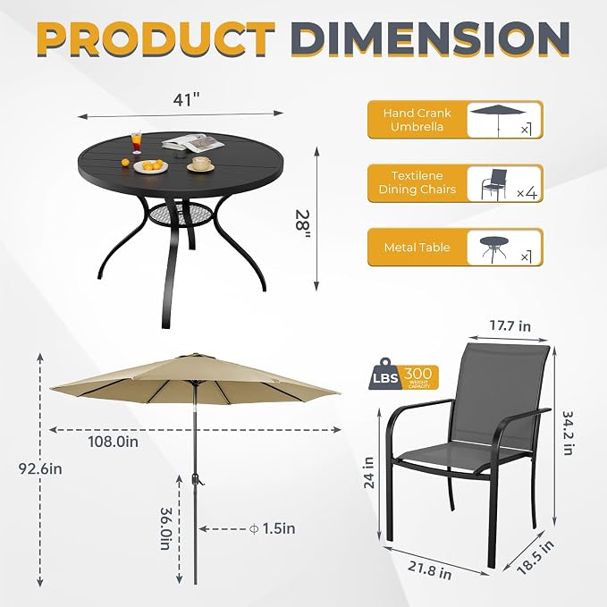 Incbruce 6 PCS Patio Dining Set with Brown Umbrella, Outdoor Dining Set of 4 Textilene Chairs and 41" Round Table with Umbrella Hole for Backyard, Garden, and Poolside (Grey)