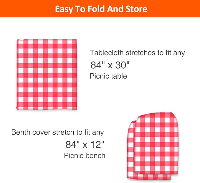 KENOBEE 7ft Picnic Table and Bench Cover, Camping Essentials RV Gear, 84 in Waterproof Windproof Outdoor Elastic All Around Tablecloth, Fitted Rectangle Tables and Seats, Red-White Checkered