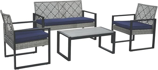 Outdoor Patio Furniture Set, 4 Piece Rattan Wicker Sectional with Loveseat Couch Sofa, Coffee Table and Chairs, Conversation Seating for Balcony, Porch, Deck, Backyard, Muebles de Exterior