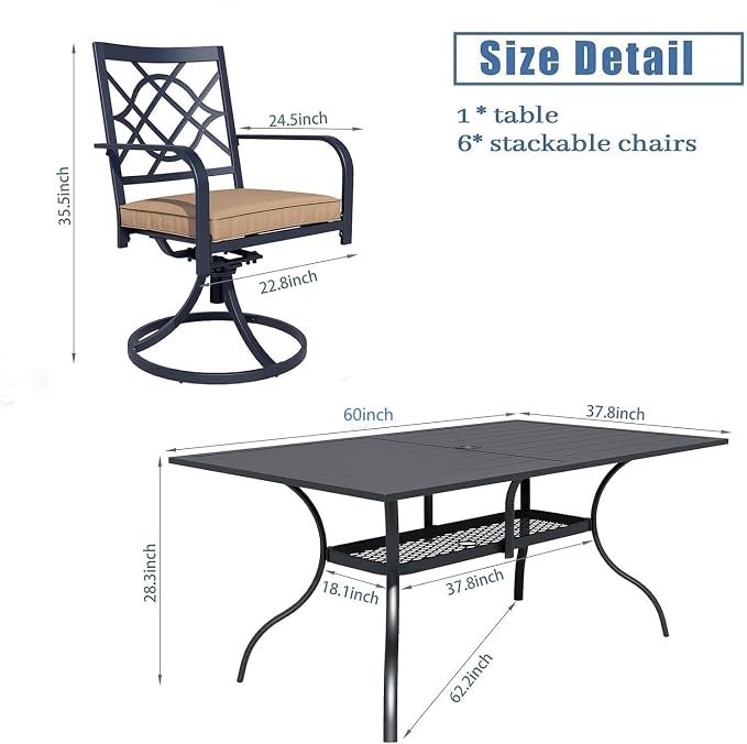 Crownland 7 PCS Furniture Patio Dining Set, 6 Swivel Metal Chairs and Rectangular Outdoor Dining Table with Sky Blue 9FT Round Outdoor Umbrella (Metal Tabletop)