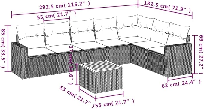 vidaXL Patio Sofa Set with Cushions 8 Piece, Outdoor Conversation Set, Patio Furniture Set for Balcony Garden, Modern Style, Gray Poly Rattan