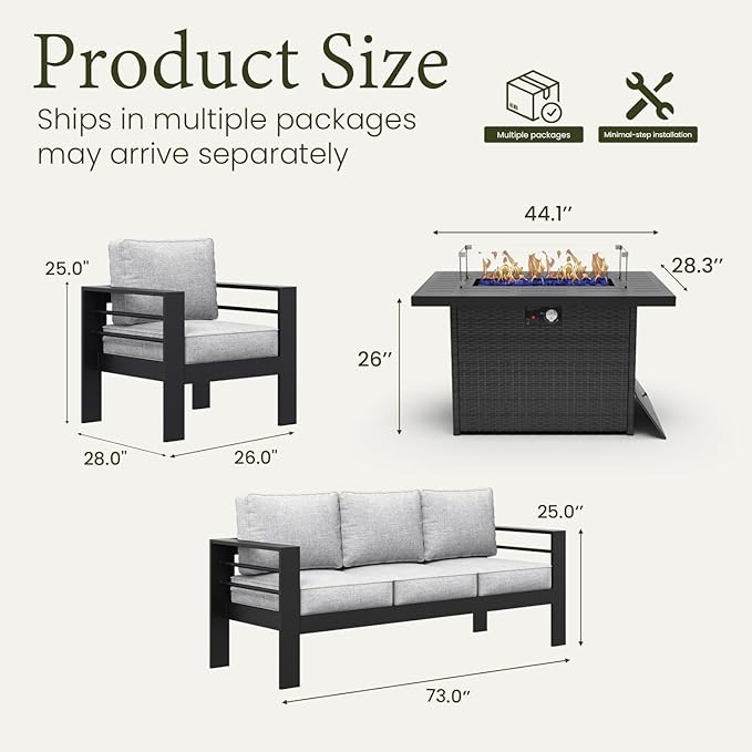 LayinSun Aluminum Furniture Set with Fire Pit Table, 4 Pieces Patio Sectional Conversation Chat Sofa Modern Seating Set